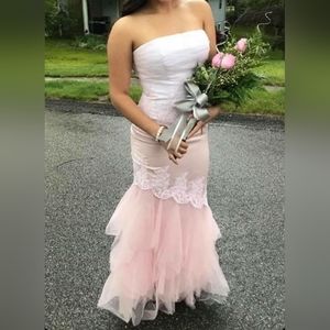 Tiffany designs. Strapless formal gown. Size 10. Pink satin, lace, and Chiffon.